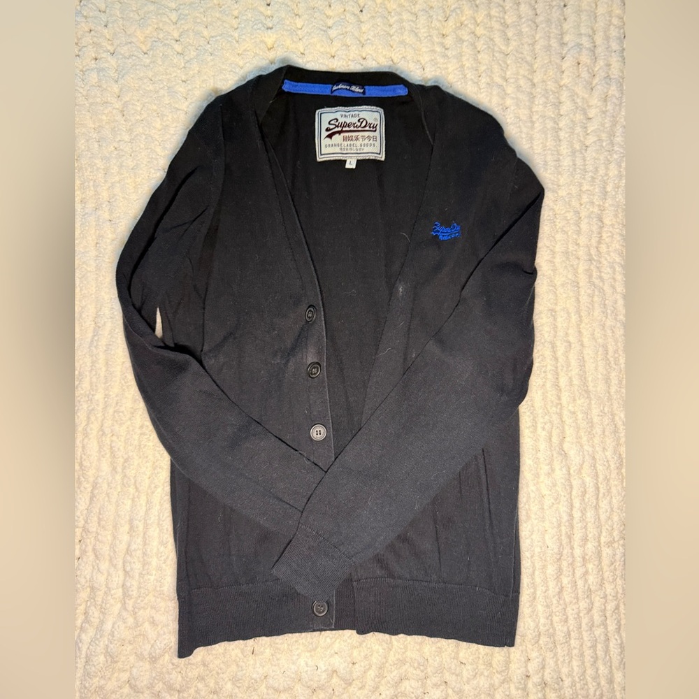 Superdry Men's Black Cardigan with Blue Logo
